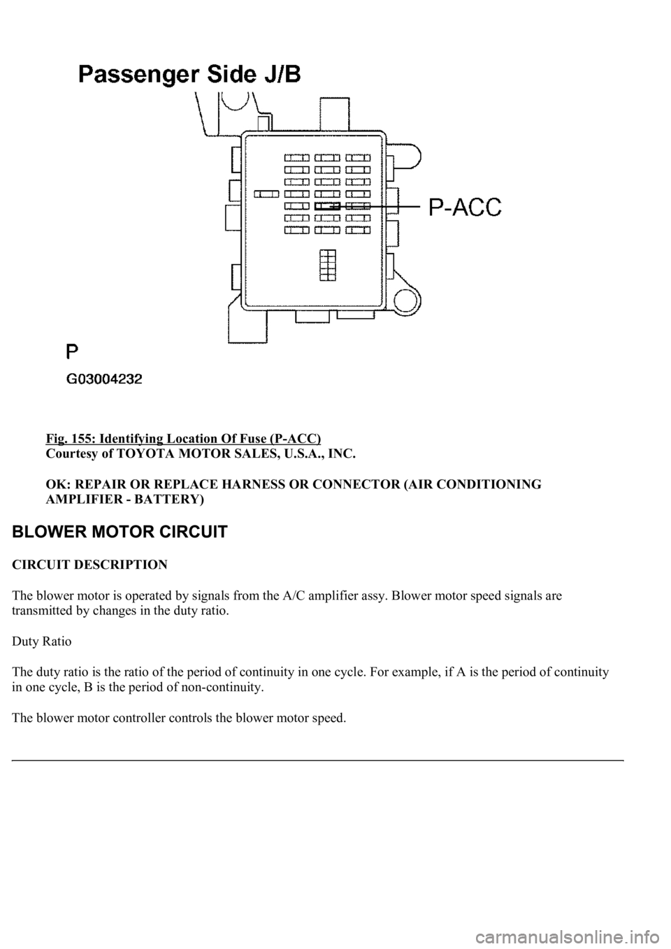 LEXUS LS430 2003  Factory Repair Manual Fig. 155: Identifying Location Of Fuse (P-ACC) 
Courtesy of TOYOTA MOTOR SALES, U.S.A., INC. 
OK: REPAIR OR REPLACE HARNESS OR CONNECTOR (AIR CONDITIONING 
AMPLIFIER - BATTERY)  
CIRCUIT DESCRIPTION 
