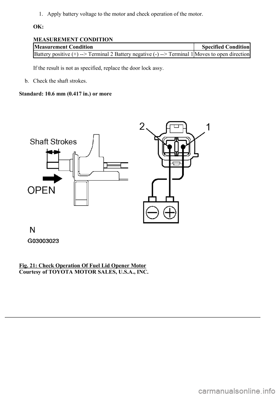 LEXUS LS430 2003  Factory Repair Manual 1. Apply battery voltage to the motor and check operation of the motor.  
OK:  
MEASUREMENT CONDITION 
If the result is not as specified, replace the door lock assy. 
b. Check the shaft strokes.  
Sta