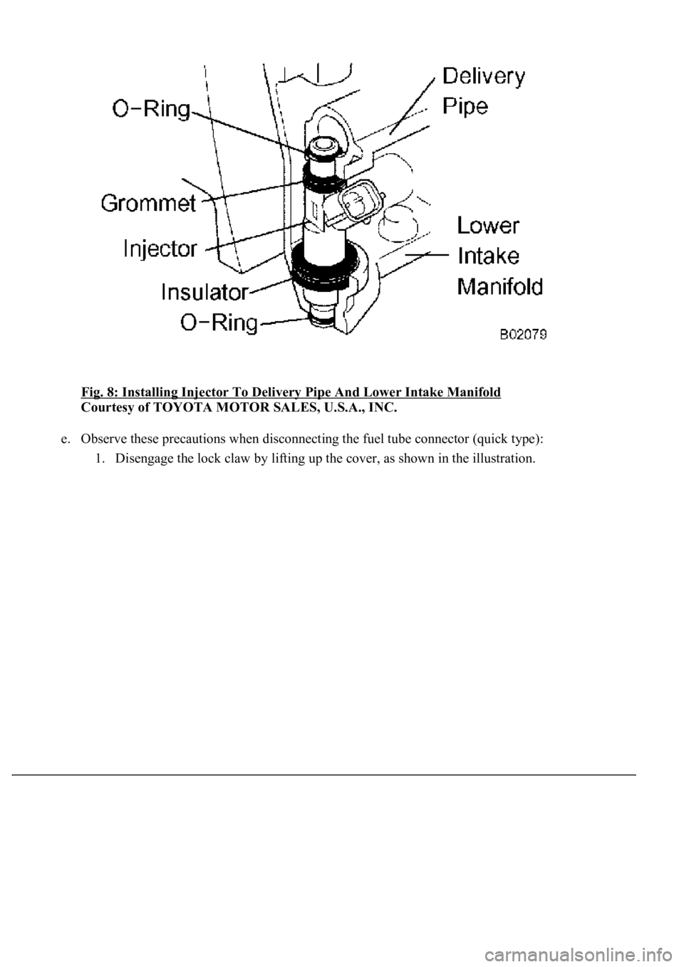 LEXUS LS430 2003  Factory Repair Manual Fig. 8: Installing Injector To Delivery Pipe And Lower Intake Manifold 
Courtesy of TOYOTA MOTOR SALES, U.S.A., INC. 
e. Observe these precautions when disconnecting the fuel tube connector (quick typ