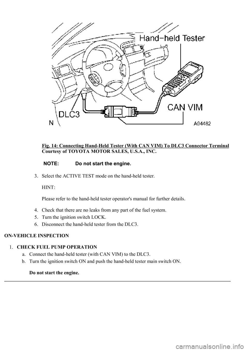 LEXUS LS430 2003  Factory Repair Manual Fig. 14: Connecting Hand-Held Tester (With CAN VIM) To DLC3 Connector Terminal
Courtesy of TOYOTA MOTOR SALES, U.S.A., INC. 
3. Select the ACTIVE TEST mode on the hand-held tester. 
HINT: 
Please refe
