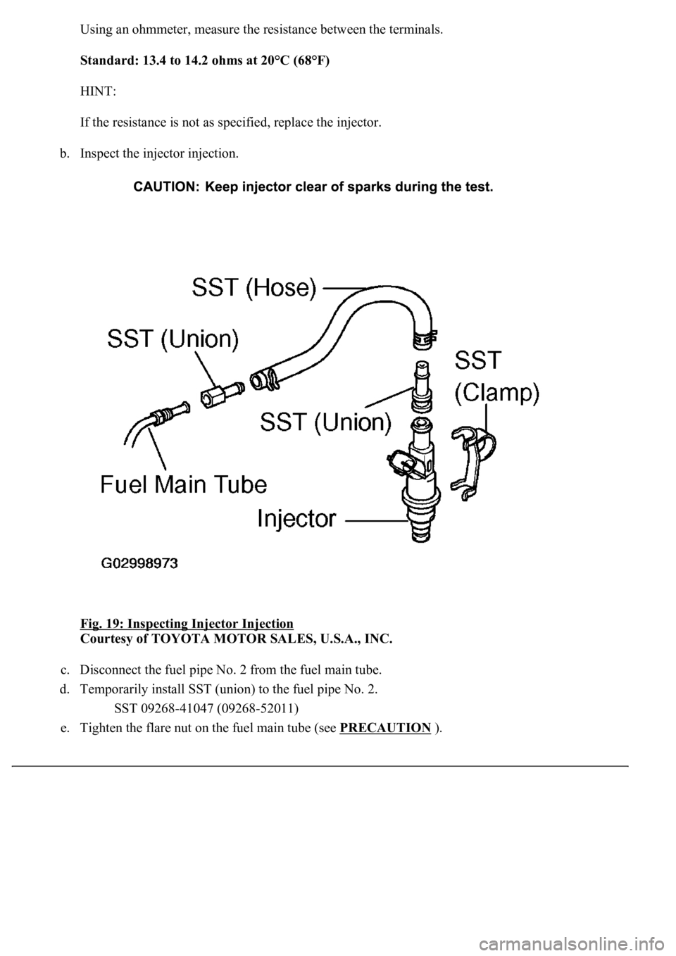 LEXUS LS430 2003  Factory Repair Manual Using an ohmmeter, measure the resistance between the terminals.
Standard: 13.4 to 14.2 ohms at 20°C (68°F)  
HINT: 
If the resistance is not as specified, replace the injector. 
b. Inspect the inje