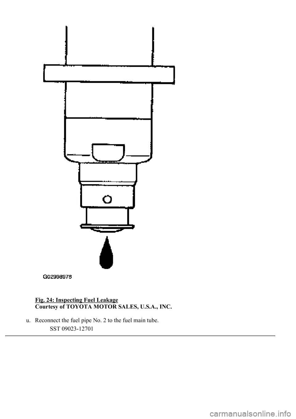 LEXUS LS430 2003  Factory Repair Manual Fig. 24: Inspecting Fuel Leakage 
Courtesy of TOYOTA MOTOR SALES, U.S.A., INC. 
u. Reconnect the fuel pipe No. 2 to the fuel main tube. 
SST 09023-12701   