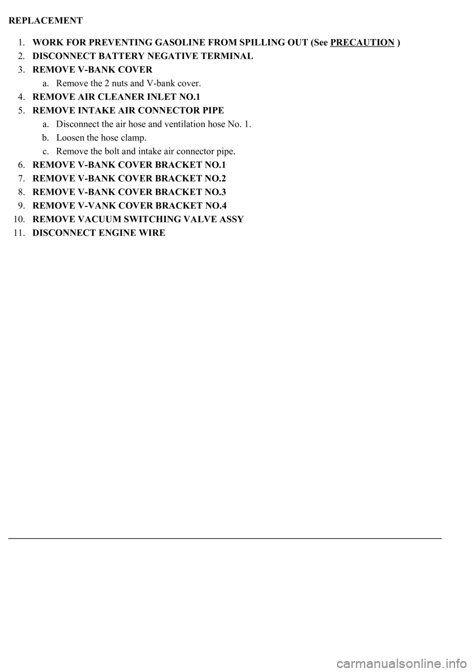 LEXUS LS430 2003  Factory Repair Manual REPLACEMENT 
1.WORK FOR PREVENTING GASOLINE FROM SPILLING OUT (See PRECAUTION
 )  
2.DISCONNECT BATTERY NEGATIVE TERMINAL  
3.REMOVE V-BANK COVER 
a. Remove the 2 nuts and V-bank cover.  
4.REMOVE AIR