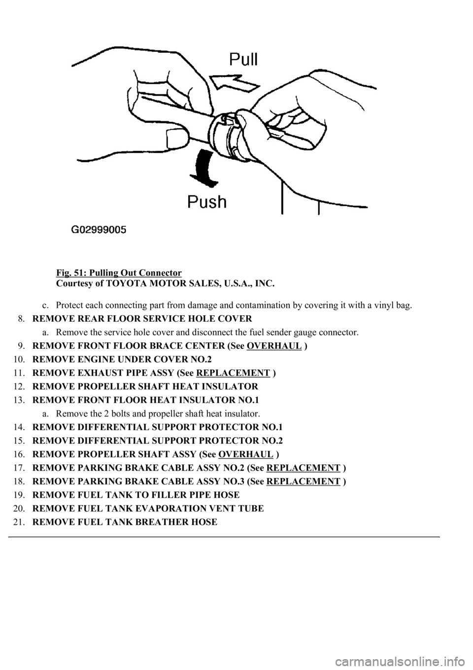 LEXUS LS430 2003  Factory Repair Manual Fig. 51: Pulling Out Connector 
Courtesy of TOYOTA MOTOR SALES, U.S.A., INC. 
c. Protect each connecting part from damage and contamination by covering it with a vinyl bag.  
8.REMOVE REAR FLOOR SERVI