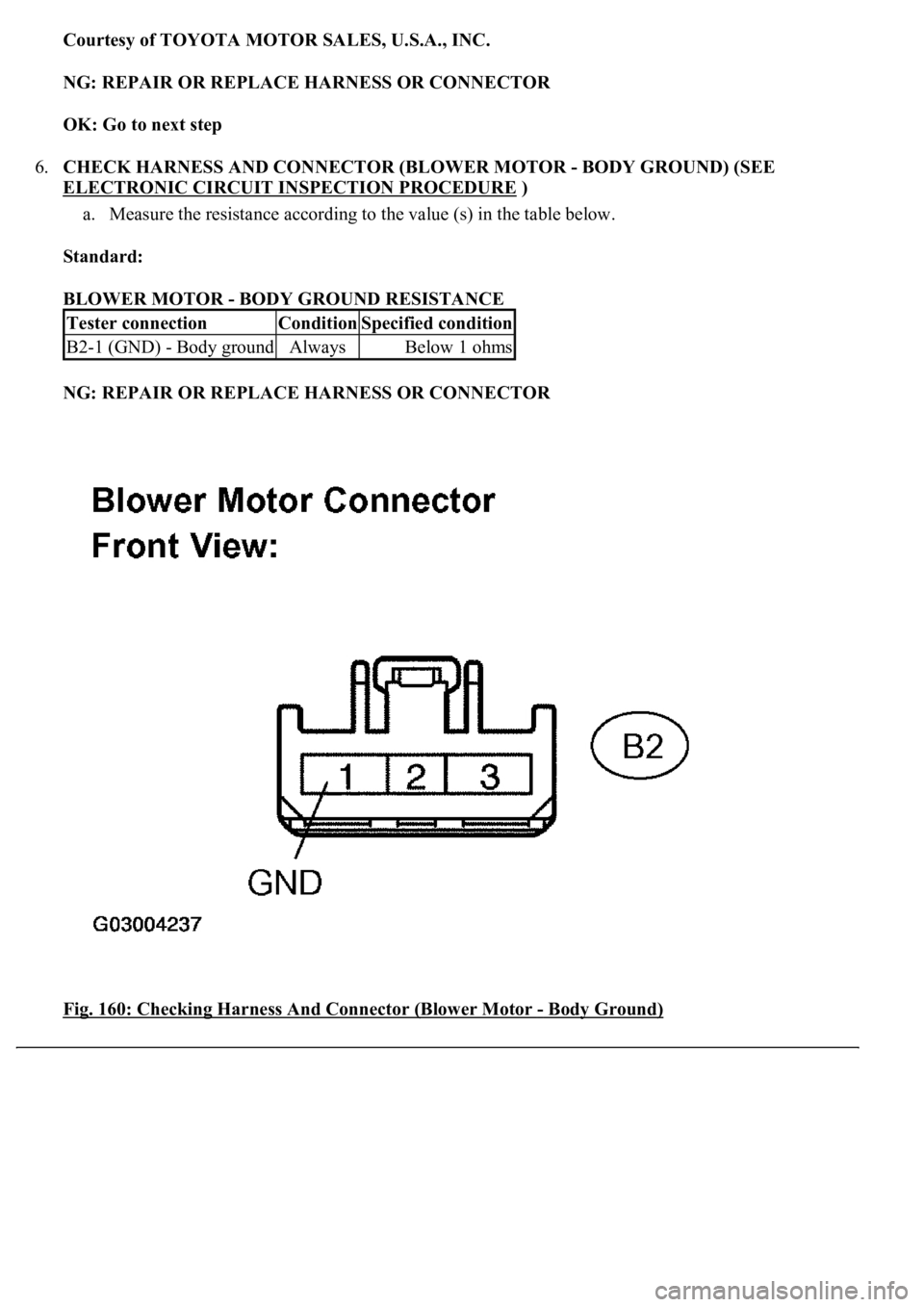 LEXUS LS430 2003  Factory Repair Manual Courtesy of TOYOTA MOTOR SALES, U.S.A., INC.
NG: REPAIR OR REPLACE HARNESS OR CONNECTOR  
OK: Go to next step  
6.CHECK HARNESS AND CONNECTOR (BLOWER MOTOR - BODY GROUND) (SEE 
ELECTRONIC CIRCUIT INSP
