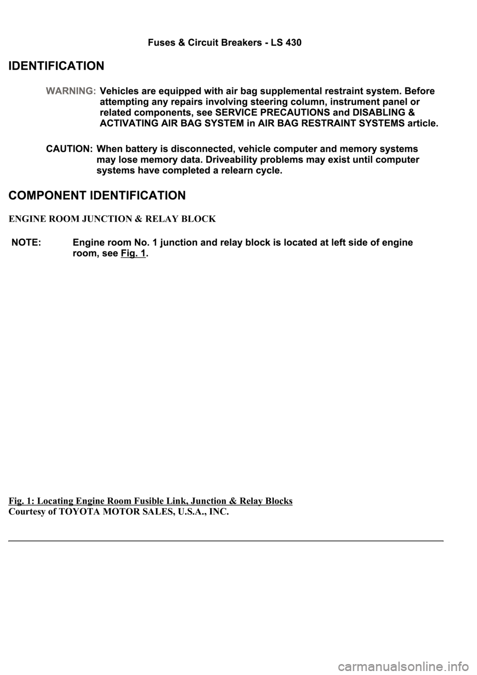 LEXUS LS430 2003  Factory Repair Manual ENGINE ROOM JUNCTION & RELAY BLOCK 
Fig. 1: Locating Engine Room Fusible Link, Junction & Relay Blocks
 
Courtesy of TOYOTA MOTOR SALES, U.S.A., INC. 