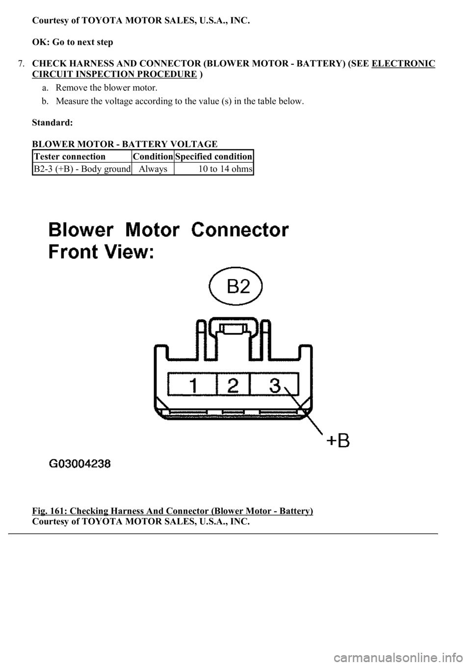 LEXUS LS430 2003  Factory Repair Manual Courtesy of TOYOTA MOTOR SALES, U.S.A., INC.
OK: Go to next step  
7.CHECK HARNESS AND CONNECTOR (BLOWER MOTOR - BATTERY) (SEE ELECTRONIC 
CIRCUIT INSPECTION PROCEDURE ) 
a. Remove the blower motor.  