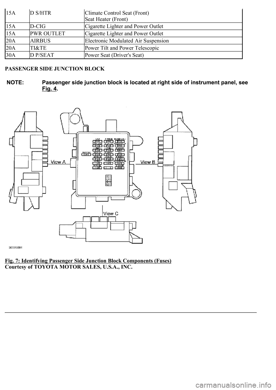 LEXUS LS430 2003 Factory User Guide PASSENGER SIDE JUNCTION BLOCK
Fig. 7: Identifying Passenger Side Junction Block Components (Fuses)
Courtesy of TOYOTA MOTOR SALES, U.S.A., INC.
15AD S/HTRClimate Control Seat (Front)
Seat Heater ( LEXUS LS430 2003 Factory User Guide PASSENGER SIDE JUNCTION BLOCK
Fig. 7: Identifying Passenger Side Junction Block Components (Fuses)
Courtesy of TOYOTA MOTOR SALES, U.S.A., INC.
15AD S/HTRClimate Control Seat (Front)
Seat Heater (