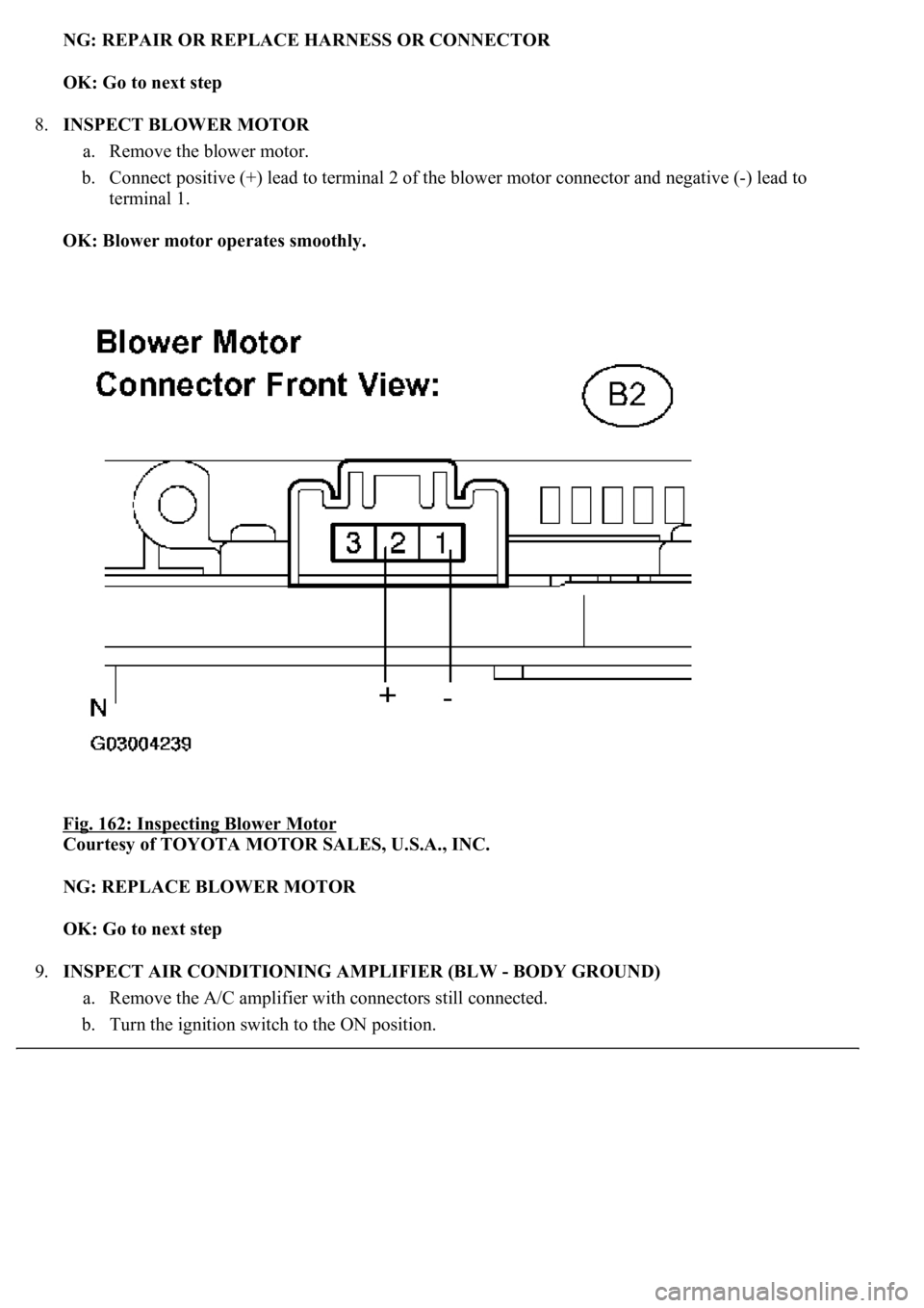 LEXUS LS430 2003  Factory Repair Manual NG: REPAIR OR REPLACE HARNESS OR CONNECTOR
OK: Go to next step  
8.INSPECT BLOWER MOTOR 
a. Remove the blower motor.  
b. Connect positive (+) lead to terminal 2 of the blower motor connector and nega