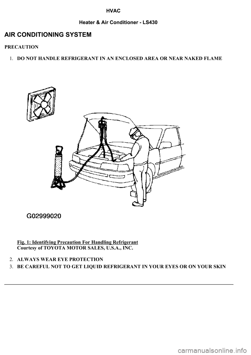 LEXUS LS430 2003  Factory Repair Manual PRECAUTION 
1.DO NOT HANDLE REFRIGERANT IN AN ENCLOSED AREA OR NEAR NAKED FLAME 
Fig. 1: Identifying Precaution For Handling Refrigerant
 
Courtesy of TOYOTA MOTOR SALES, U.S.A., INC. 
2.ALWAYS WEAR E