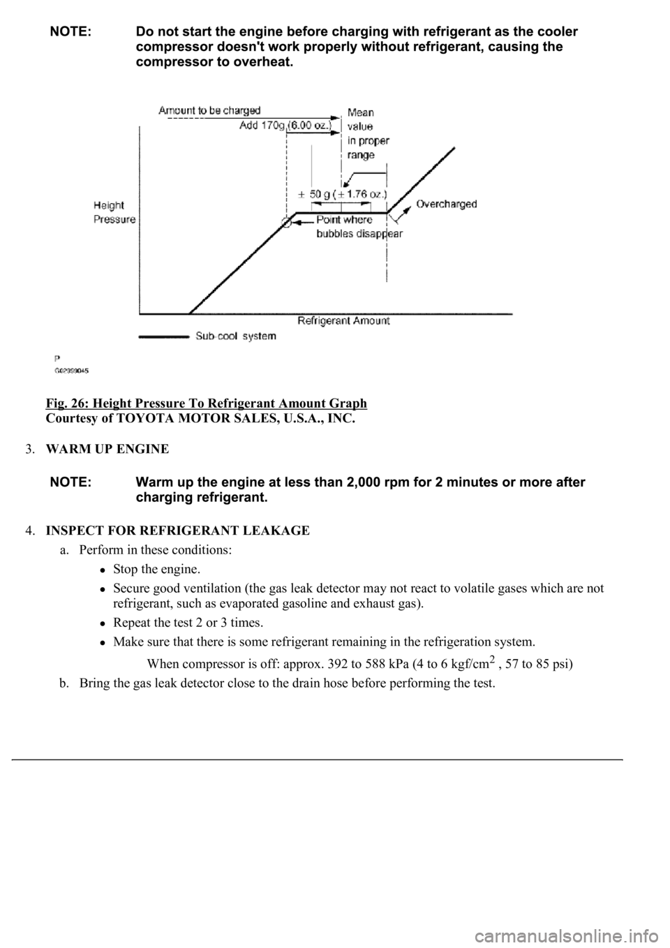 LEXUS LS430 2003  Factory Repair Manual Fig. 26: Height Pressure To Refrigerant Amount Graph 
Courtesy of TOYOTA MOTOR SALES, U.S.A., INC. 
3.WARM UP ENGINE 
4.INSPECT FOR REFRIGERANT LEAKAGE 
a. Perform in these conditions: 
Stop the engin