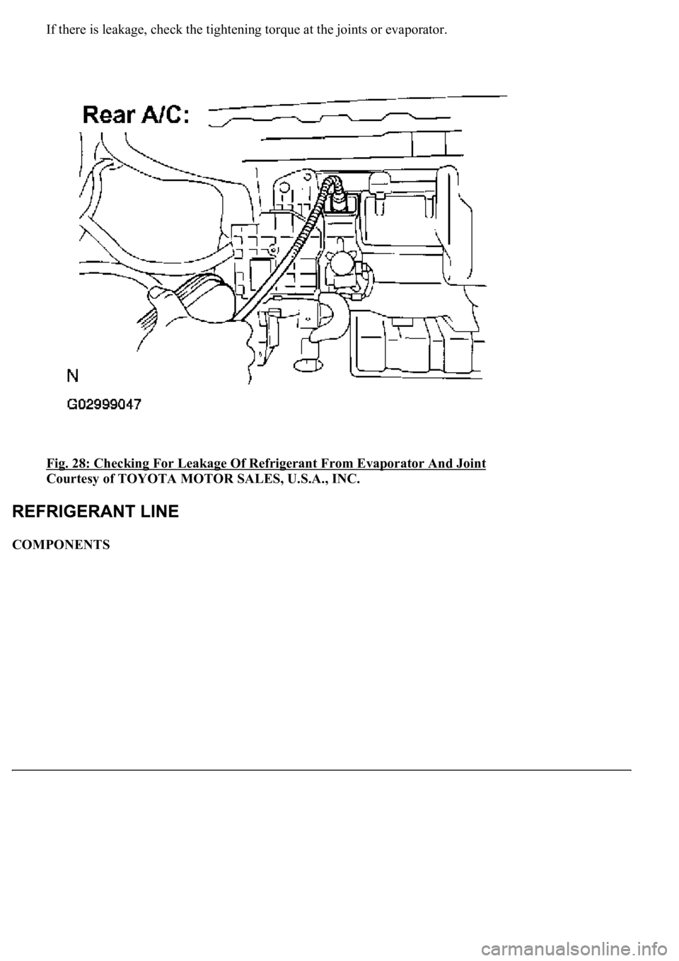 LEXUS LS430 2003  Factory Repair Manual If there is leakage, check the tightening torque at the joints or evaporator.
Fig. 28: Checking For Leakage Of Refrigerant From Evaporator And Joint
 
Courtesy of TOYOTA MOTOR SALES, U.S.A., INC. 
COM