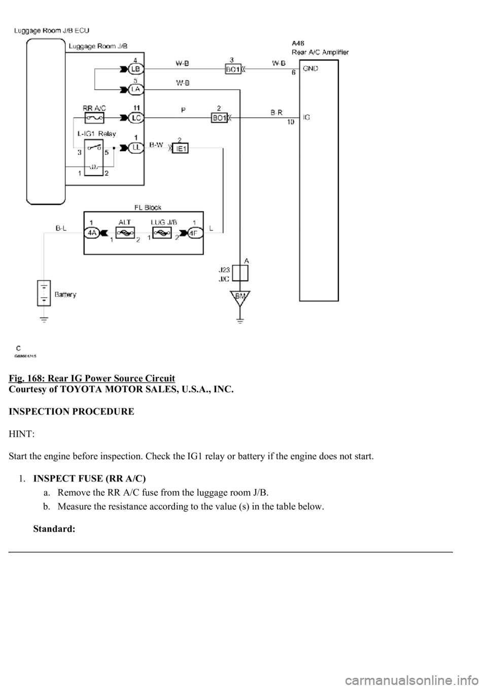 LEXUS LS430 2003 Factory Owners Manual Fig. 168: Rear IG Power Source Circuit
Courtesy of TOYOTA MOTOR SALES, U.S.A., INC.
INSPECTION PROCEDURE
HINT:
Start the engine before inspection. Check the IG1 relay or battery if the engine does LEXUS LS430 2003 Factory Owners Manual Fig. 168: Rear IG Power Source Circuit
Courtesy of TOYOTA MOTOR SALES, U.S.A., INC.
INSPECTION PROCEDURE
HINT:
Start the engine before inspection. Check the IG1 relay or battery if the engine does