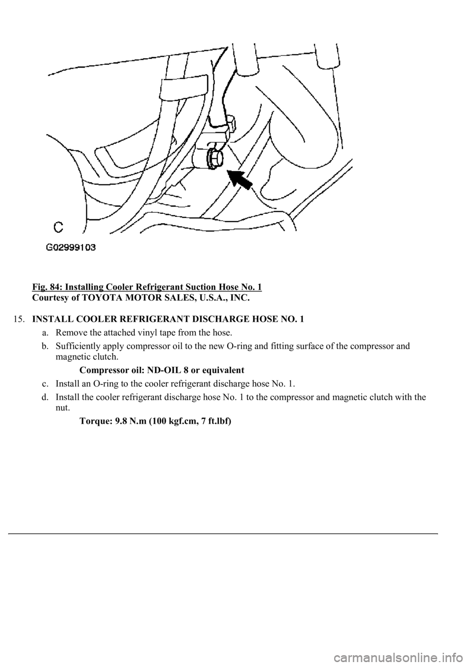 LEXUS LS430 2003  Factory Repair Manual Fig. 84: Installing Cooler Refrigerant Suction Hose No. 1 
Courtesy of TOYOTA MOTOR SALES, U.S.A., INC. 
15.INSTALL COOLER REFRIGERANT DISCHARGE HOSE NO. 1 
a. Remove the attached vinyl tape from the 
