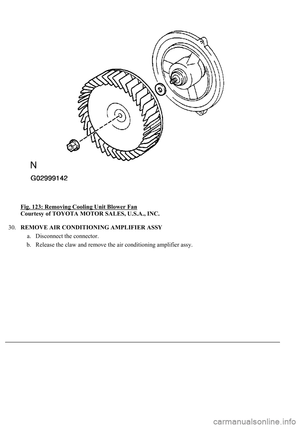 LEXUS LS430 2003  Factory Repair Manual Fig. 123: Removing Cooling Unit Blower Fan 
Courtesy of TOYOTA MOTOR SALES, U.S.A., INC. 
30.REMOVE AIR CONDITIONING AMPLIFIER ASSY 
a. Disconnect the connector.  
b. Release the claw and remove the a