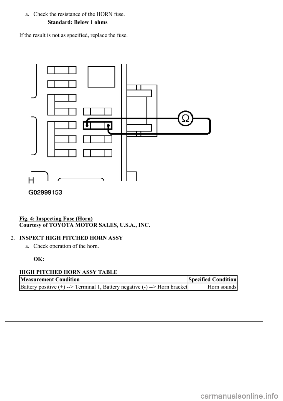 LEXUS LS430 2003  Factory Repair Manual a. Check the resistance of the HORN fuse. 
Standard: Below 1 ohms  
If the result is not as specified, replace the fuse. 
Fig. 4: Inspecting Fuse (Horn)
 
Courtesy of TOYOTA MOTOR SALES, U.S.A., INC. 