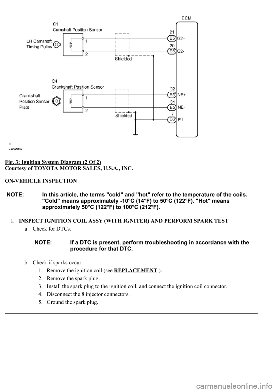 LEXUS LS430 2003  Factory Repair Manual Fig. 3: Ignition System Diagram (2 Of 2) 
Courtesy of TOYOTA MOTOR SALES, U.S.A., INC. 
ON-VEHICLE INSPECTION 
1.INSPECT IGNITION COIL ASSY (WITH IGNITER) AND PERFORM SPARK TEST 
a. Check for DTCs. 
b