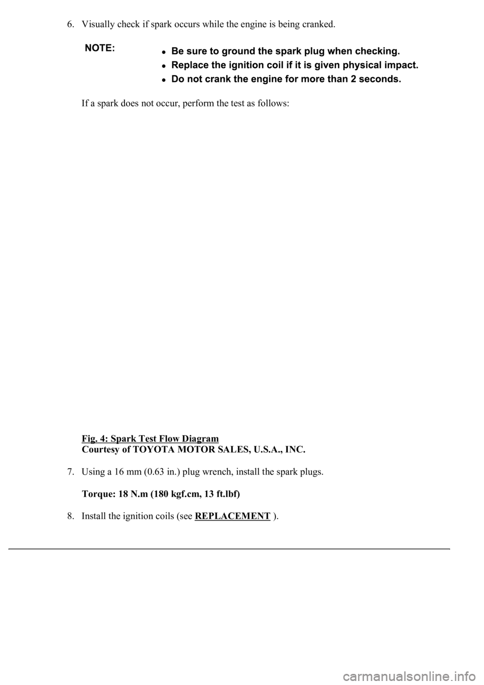 LEXUS LS430 2003 Factory Repair Manual 6. Visually check if spark occurs while the engine is being cranked.
If a spark does not occur, perform the test as follows:
Fig. 4: Spark Test Flow Diagram
Courtesy of TOYOTA MOTOR SALES, U.S.A., LEXUS LS430 2003 Factory Repair Manual 6. Visually check if spark occurs while the engine is being cranked.
If a spark does not occur, perform the test as follows:
Fig. 4: Spark Test Flow Diagram
Courtesy of TOYOTA MOTOR SALES, U.S.A.,