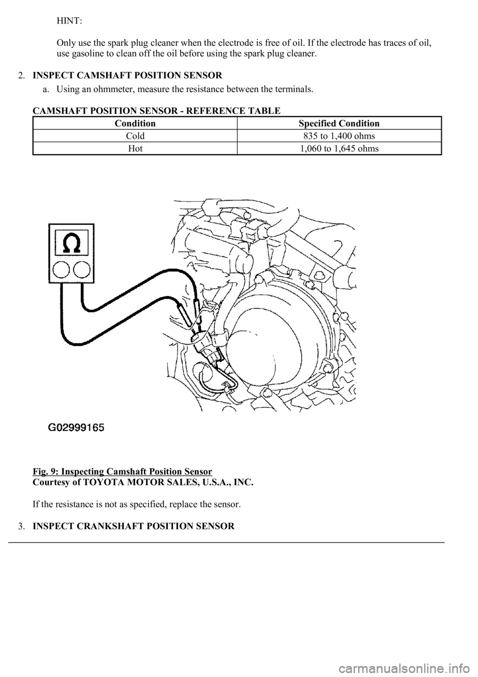LEXUS LS430 2003  Factory Repair Manual HINT: 
Only use the spark plug cleaner when the electrode is free of oil. If the electrode has traces of oil, 
use gasoline to clean off the oil before using the spark plug cleaner. 
2.INSPECT CAMSHAF