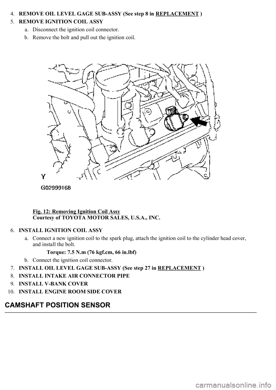 LEXUS LS430 2003  Factory Repair Manual 4.REMOVE OIL LEVEL GAGE SUB-ASSY (See step 8 in REPLACEMENT )  
5.REMOVE IGNITION COIL ASSY 
a. Disconnect the ignition coil connector.  
b. Remove the bolt and pull out the ignition coil. 
Fig. 12: R