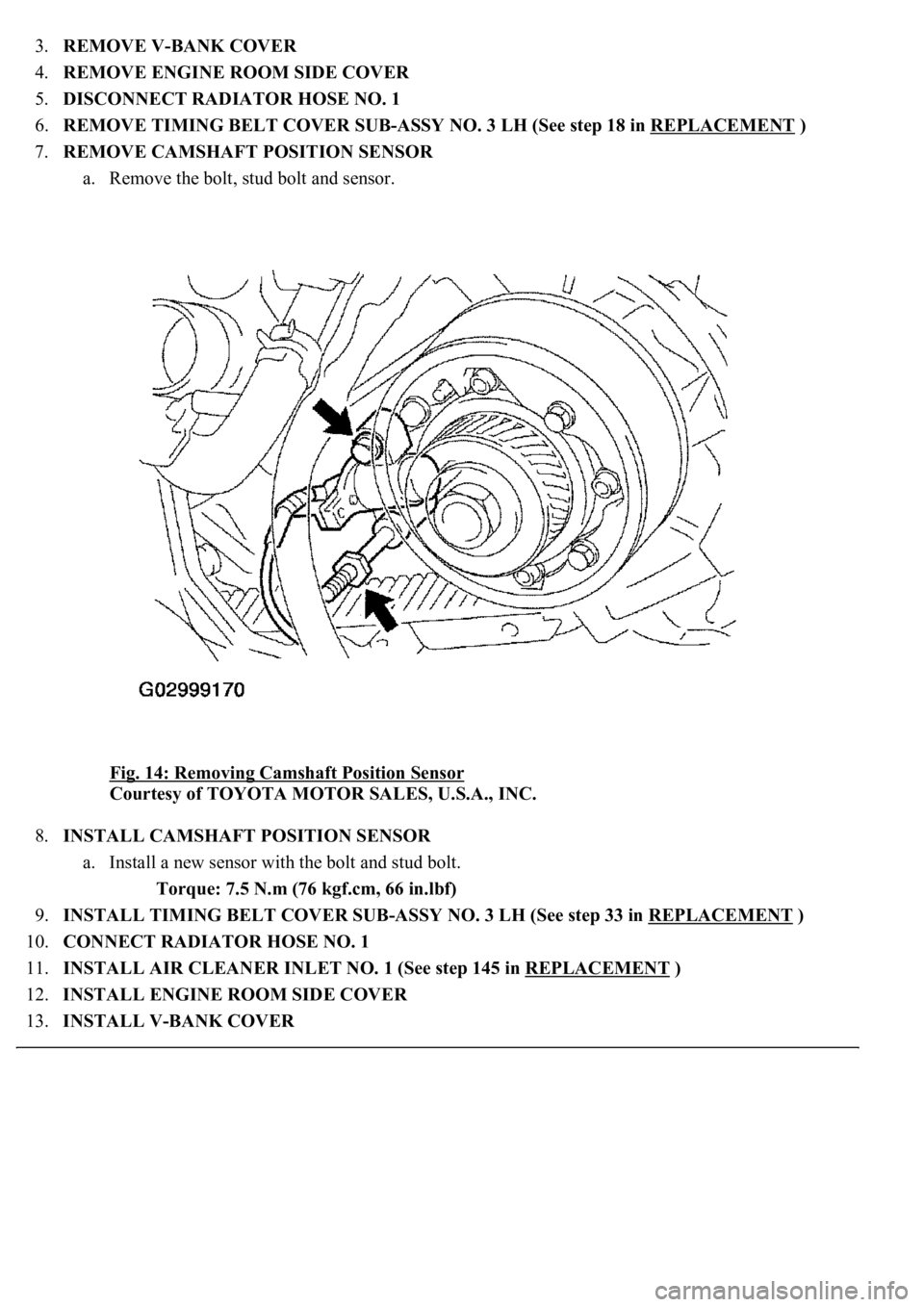 LEXUS LS430 2003  Factory Repair Manual 3.REMOVE V-BANK COVER  
4.REMOVE ENGINE ROOM SIDE COVER  
5.DISCONNECT RADIATOR HOSE NO. 1  
6.REMOVE TIMING BELT COVER SUB-ASSY NO. 3 LH (See step 18 in REPLACEMENT
 )  
7.REMOVE CAMSHAFT POSITION SE
