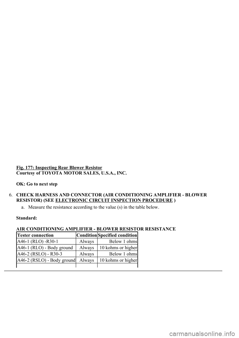 LEXUS LS430 2003  Factory Repair Manual Fig. 177: Inspecting Rear Blower Resistor 
Courtesy of TOYOTA MOTOR SALES, U.S.A., INC. 
OK: Go to next step  
6.CHECK HARNESS AND CONNECTOR (AIR CONDITIONING AMPLIFIER - BLOWER 
RESISTOR) (SEE ELECTR