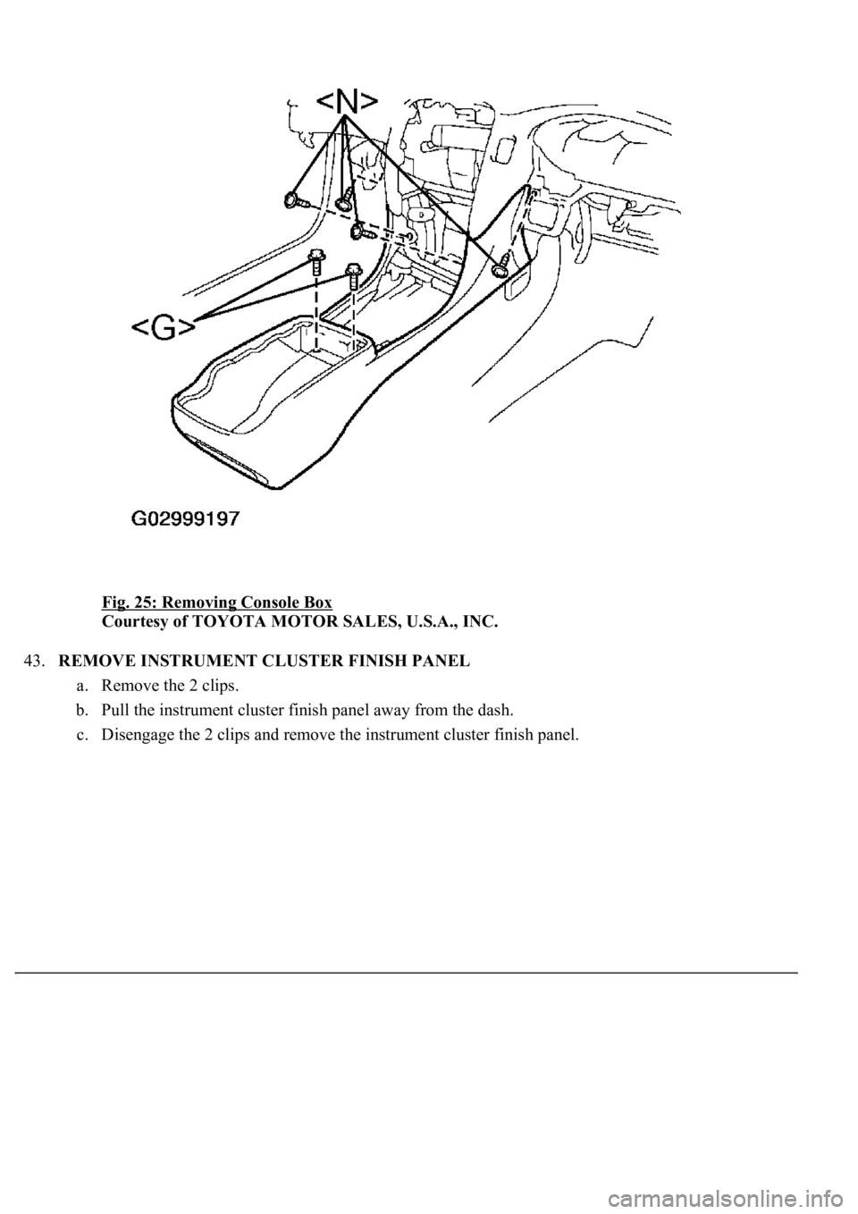 LEXUS LS430 2003  Factory Repair Manual Fig. 25: Removing Console Box 
Courtesy of TOYOTA MOTOR SALES, U.S.A., INC. 
43.REMOVE INSTRUMENT CLUSTER FINISH PANEL 
a. Remove the 2 clips.  
b. Pull the instrument cluster finish panel away from t