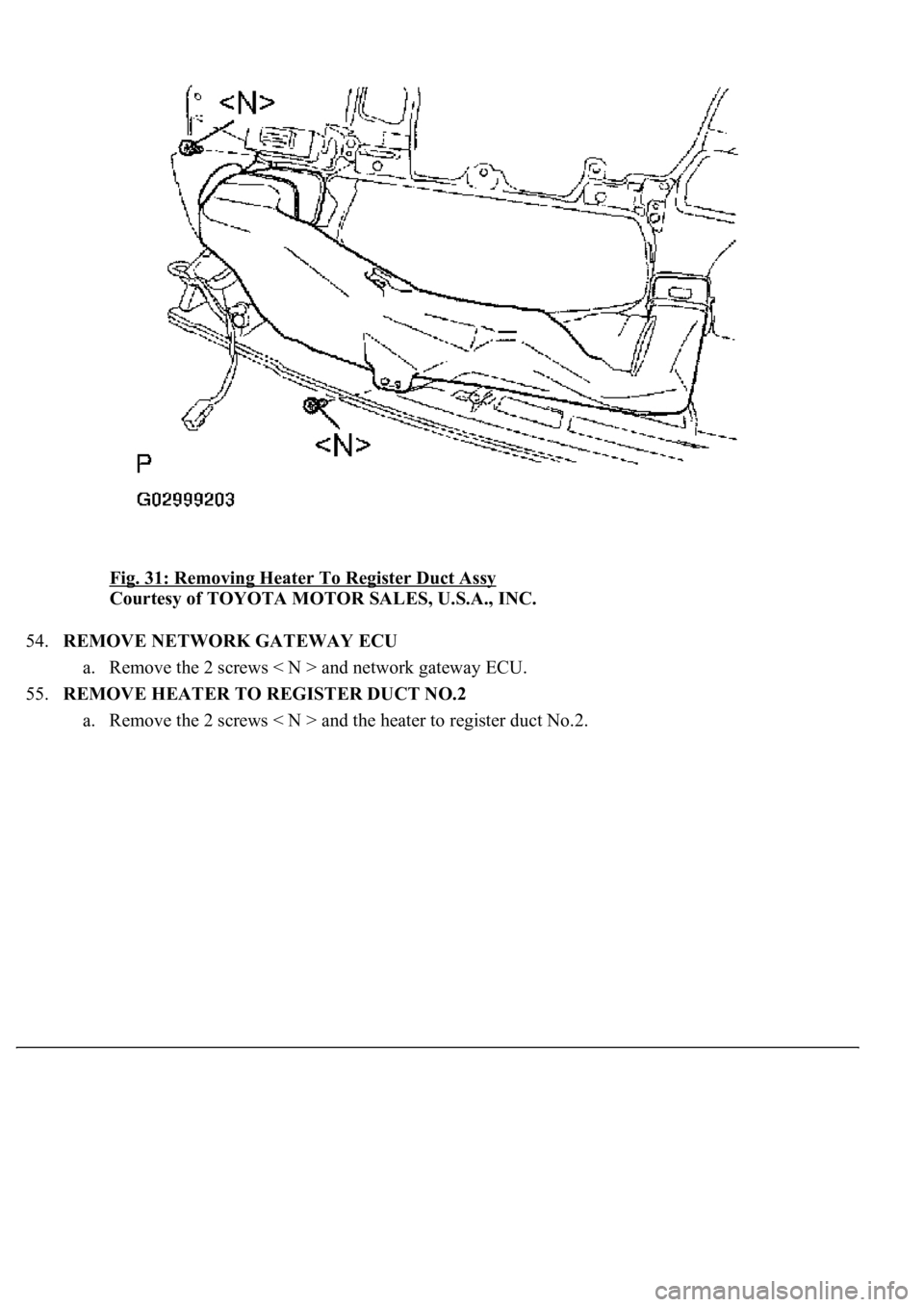 LEXUS LS430 2003  Factory Repair Manual Fig. 31: Removing Heater To Register Duct Assy 
Courtesy of TOYOTA MOTOR SALES, U.S.A., INC. 
54.REMOVE NETWORK GATEWAY ECU 
a. Remove the 2 screws < N > and network gateway ECU.  
55.REMOVE HEATER TO