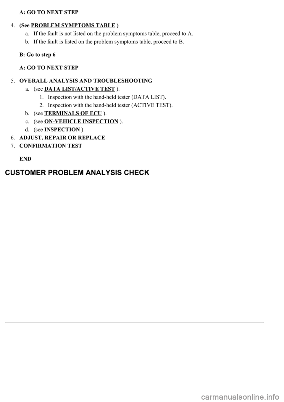 LEXUS LS430 2003  Factory Repair Manual A: GO TO NEXT STEP  
4.(See PROBLEM SYMPTOMS TABLE
 ) 
a. If the fault is not listed on the problem symptoms table, proceed to A.  
b. If the fault is listed on the problem symptoms table, proceed to 