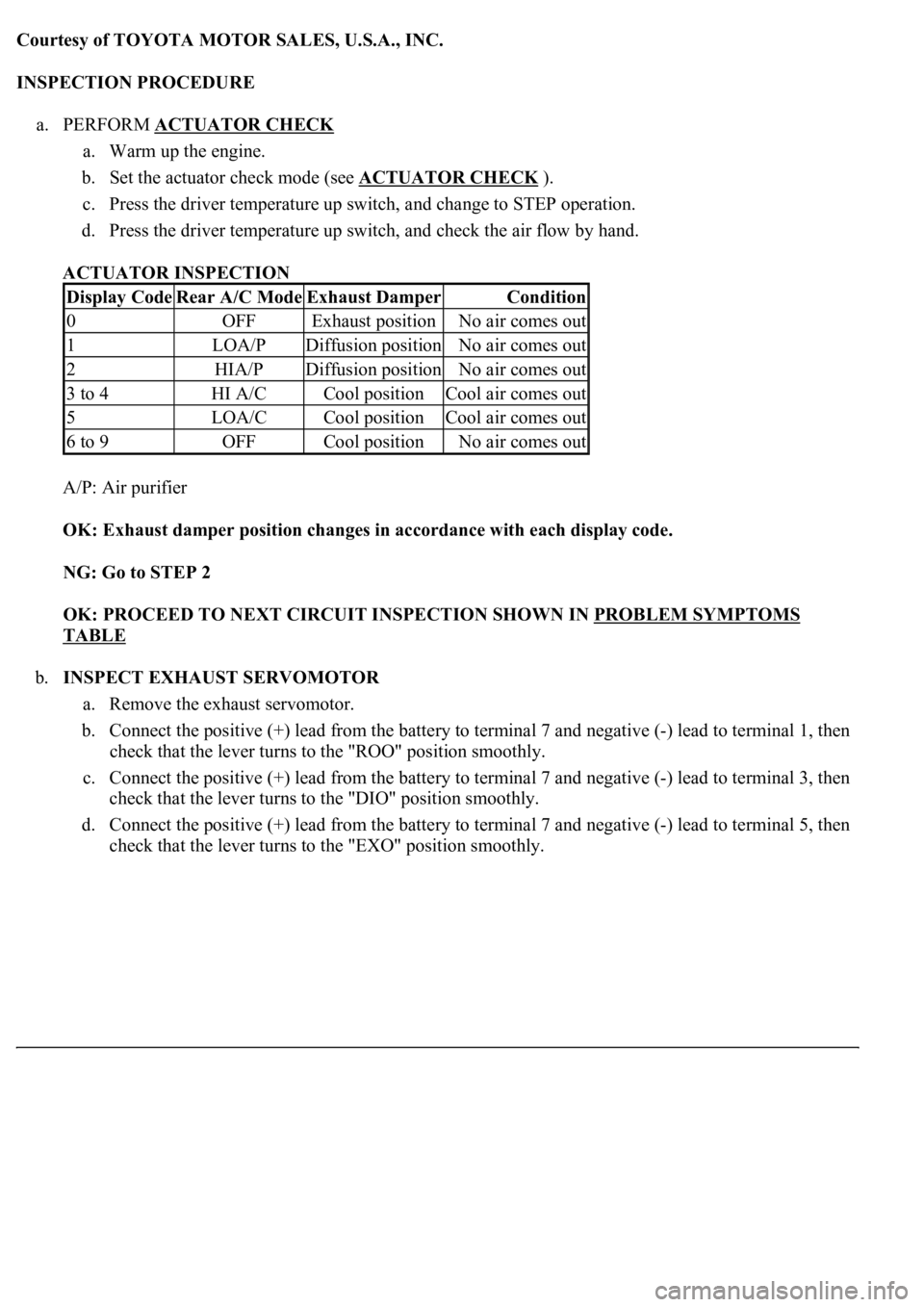 LEXUS LS430 2003 Factory Repair Manual Courtesy of TOYOTA MOTOR SALES, U.S.A., INC.
INSPECTION PROCEDURE
a. PERFORM ACTUATOR CHECK
a. Warm up the engine.
b. Set the actuator check mode (see ACTUATOR CHECK
).
c. Press the driver tem LEXUS LS430 2003 Factory Repair Manual Courtesy of TOYOTA MOTOR SALES, U.S.A., INC.
INSPECTION PROCEDURE
a. PERFORM ACTUATOR CHECK
a. Warm up the engine.
b. Set the actuator check mode (see ACTUATOR CHECK
).
c. Press the driver tem