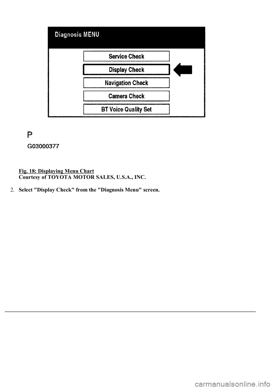 LEXUS LS430 2003  Factory Repair Manual Fig. 18: Displaying Menu Chart 
Courtesy of TOYOTA MOTOR SALES, U.S.A., INC. 
2.Select "Display Check" from the "Diagnosis Menu" screen. 