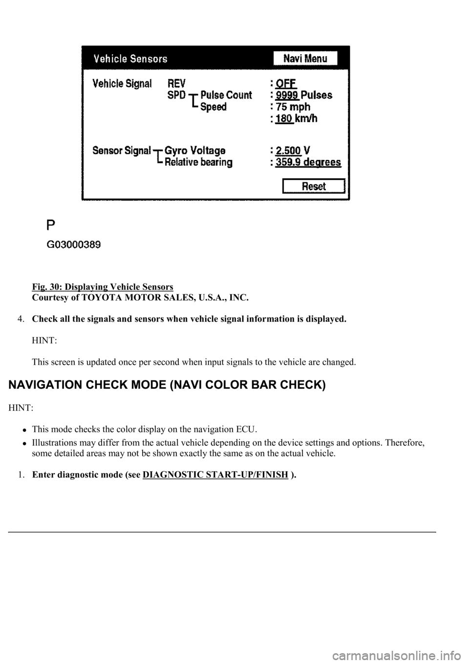 LEXUS LS430 2003 Factory Repair Manual Fig. 30: Displaying Vehicle Sensors
Courtesy of TOYOTA MOTOR SALES, U.S.A., INC.
4.Check all the signals and sensors when vehicle signal information is displayed.
HINT:
This screen is updated once LEXUS LS430 2003 Factory Repair Manual Fig. 30: Displaying Vehicle Sensors
Courtesy of TOYOTA MOTOR SALES, U.S.A., INC.
4.Check all the signals and sensors when vehicle signal information is displayed.
HINT:
This screen is updated once