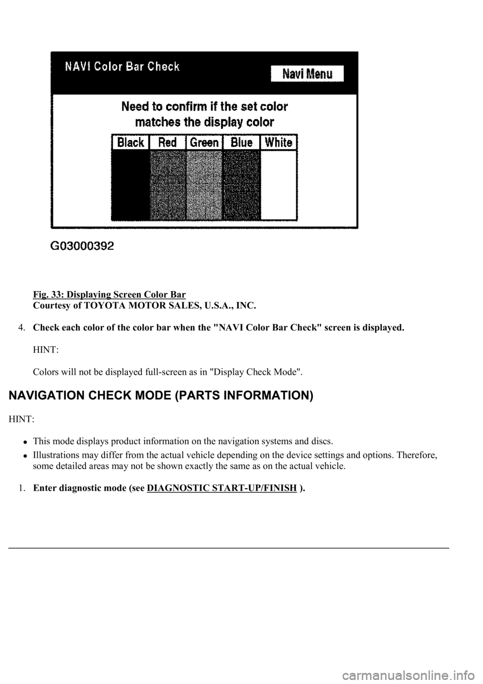 LEXUS LS430 2003  Factory Repair Manual Fig. 33: Displaying Screen Color Bar 
Courtesy of TOYOTA MOTOR SALES, U.S.A., INC. 
4.Check each color of the color bar when the "NAVI Color Bar Check" screen is displayed. 
HINT: 
Colors will