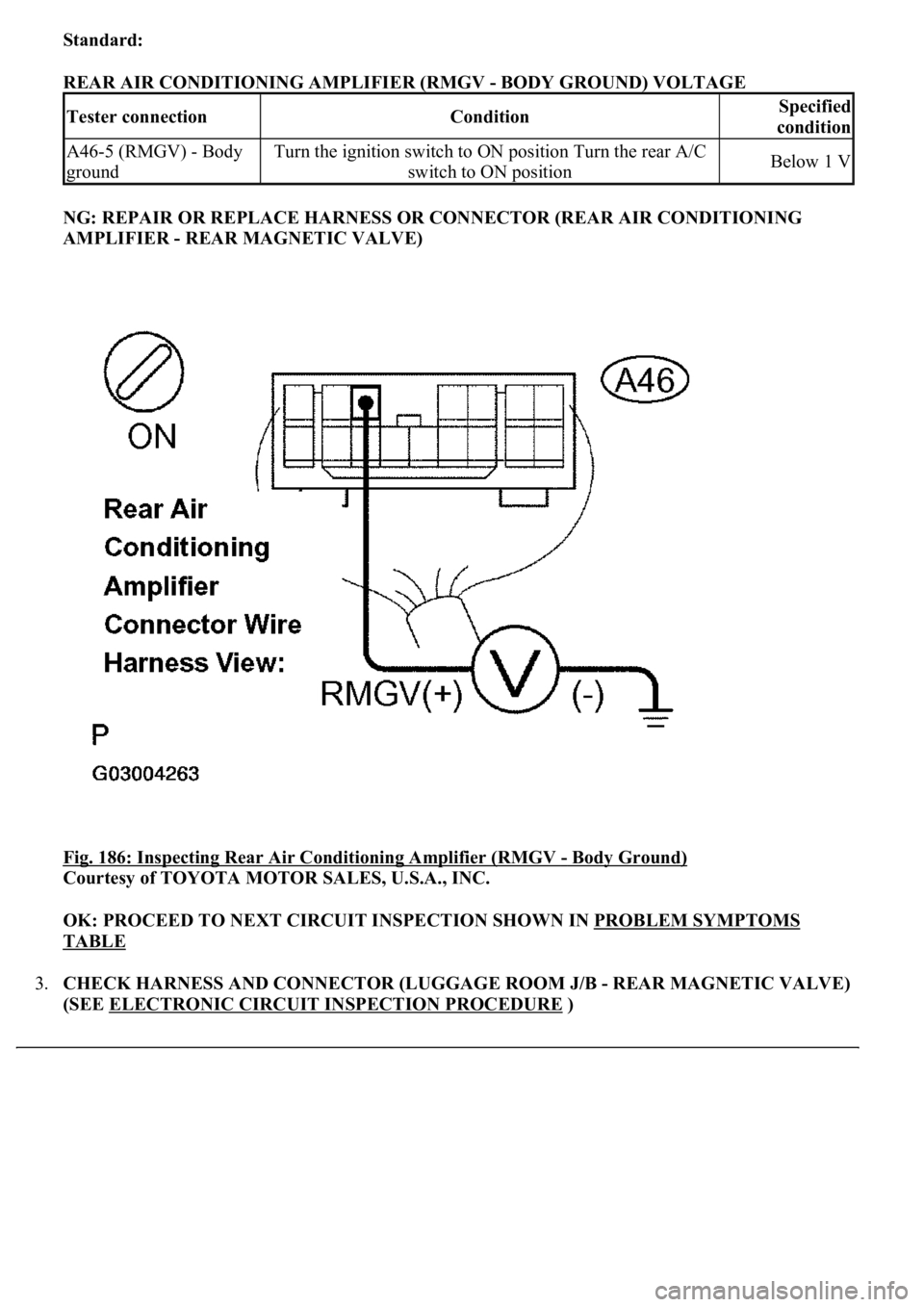 LEXUS LS430 2003  Factory Repair Manual Standard:  
REAR AIR CONDITIONING AMPLIFIER (RMGV - BODY GROUND) VOLTAGE 
NG: REPAIR OR REPLACE HARNESS OR CONNECTOR (REAR AIR CONDITIONING 
AMPLIFIER - REAR MAGNETIC VALVE)  
Fig. 186: Inspecting Rea