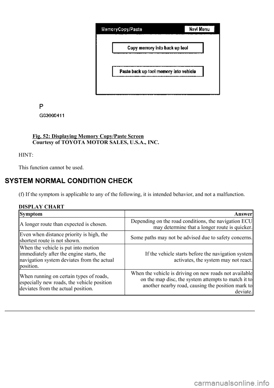 LEXUS LS430 2003  Factory Repair Manual Fig. 52: Displaying Memory Copy/Paste Screen 
Courtesy of TOYOTA MOTOR SALES, U.S.A., INC. 
HINT: 
This function cannot be used. 
(f) If the symptom is applicable to any of the following, it is intend