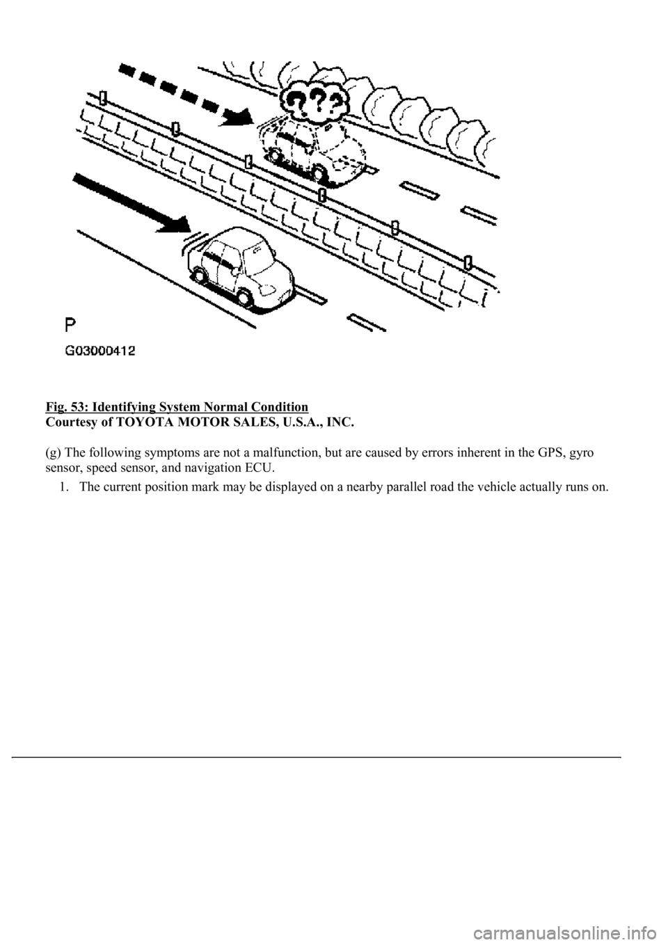 LEXUS LS430 2003 Factory Repair Manual Fig. 53: Identifying System Normal Condition
Courtesy of TOYOTA MOTOR SALES, U.S.A., INC.
(g) The following symptoms are not a malfunction, but are caused by errors inherent in the GPS, gyro
sensor LEXUS LS430 2003 Factory Repair Manual Fig. 53: Identifying System Normal Condition
Courtesy of TOYOTA MOTOR SALES, U.S.A., INC.
(g) The following symptoms are not a malfunction, but are caused by errors inherent in the GPS, gyro
sensor