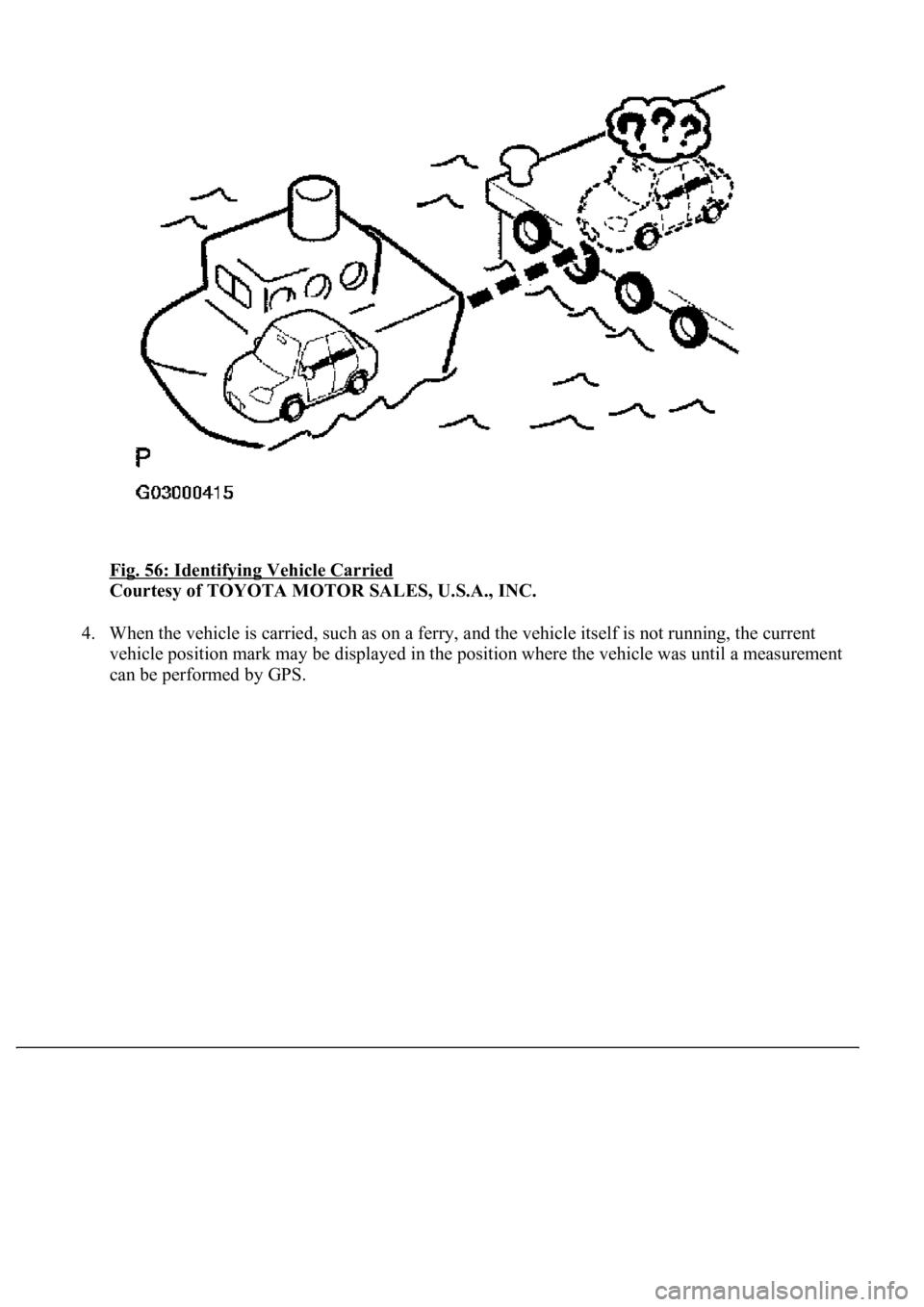 LEXUS LS430 2003  Factory Repair Manual Fig. 56: Identifying Vehicle Carried 
Courtesy of TOYOTA MOTOR SALES, U.S.A., INC. 
4. When the vehicle is carried, such as on a ferry, and the vehicle itself is not running, the current 
vehicle posi