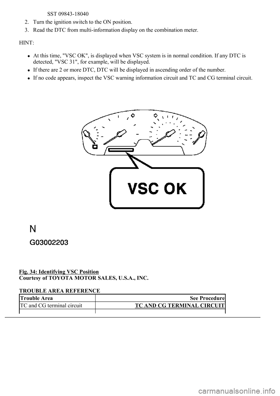 LEXUS LS430 2003  Factory Service Manual SST 09843-18040  
2. Turn the ignition switch to the ON position.  
3. Read the DTC from multi-information display on the combination meter.  
HINT: 
At this time, "VSC OK", is displayed when 