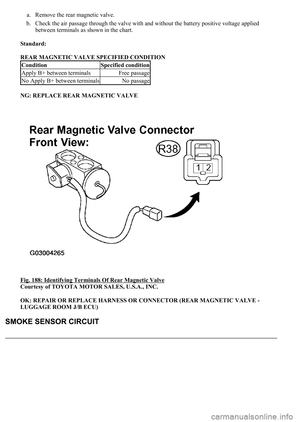 LEXUS LS430 2003  Factory Repair Manual a. Remove the rear magnetic valve.  
b. Check the air passage through the valve with and without the battery positive voltage applied 
between terminals as shown in the chart.  
Standard:  
REAR MAGNE