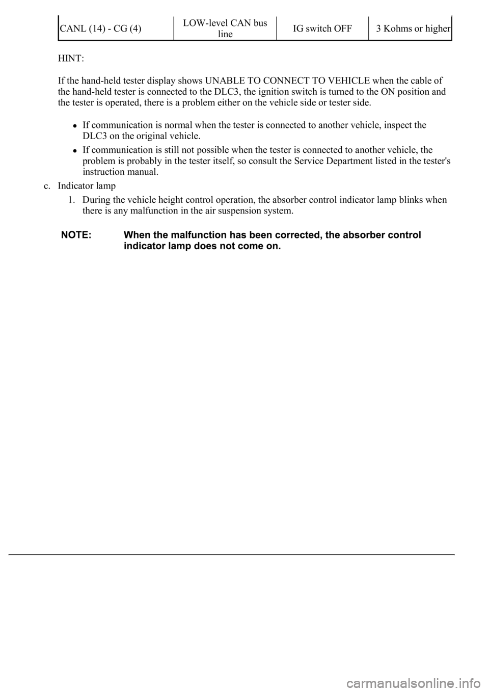 LEXUS LS430 2003 Factory Repair Manual HINT:
If the hand-held tester display shows UNABLE TO CONNECT TO VEHICLE when the cable of
the hand-held tester is connected to the DLC3, the ignition switch is turned to the ON position and
the te LEXUS LS430 2003 Factory Repair Manual HINT:
If the hand-held tester display shows UNABLE TO CONNECT TO VEHICLE when the cable of
the hand-held tester is connected to the DLC3, the ignition switch is turned to the ON position and
the te