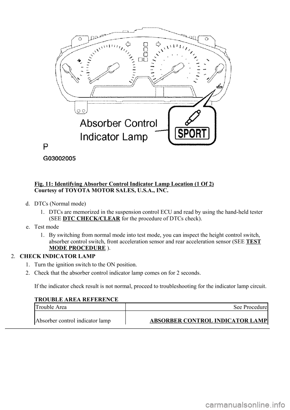 LEXUS LS430 2003 Factory Repair Manual Fig. 11: Identifying Absorber Control Indicator Lamp Location (1 Of 2)
Courtesy of TOYOTA MOTOR SALES, U.S.A., INC.
d. DTCs (Normal mode)
1. DTCs are memorized in the suspension control ECU and rea LEXUS LS430 2003 Factory Repair Manual Fig. 11: Identifying Absorber Control Indicator Lamp Location (1 Of 2)
Courtesy of TOYOTA MOTOR SALES, U.S.A., INC.
d. DTCs (Normal mode)
1. DTCs are memorized in the suspension control ECU and rea