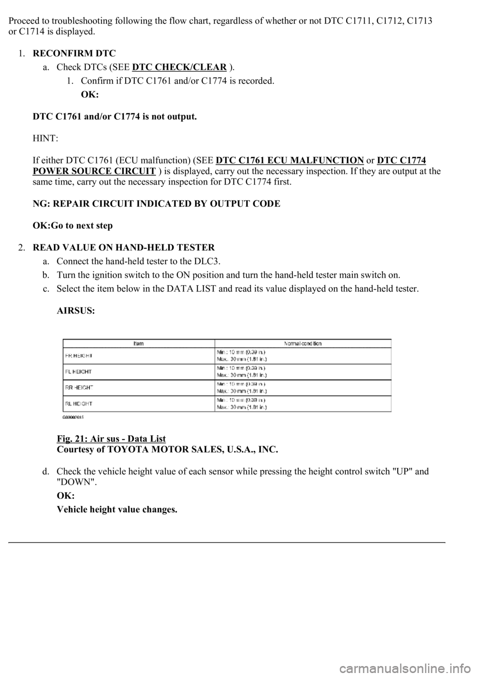 LEXUS LS430 2003 Factory Repair Manual Proceed to troubleshooting following the flow chart, regardless of whether or not DTC C1711, C1712, C1713
or C1714 is displayed.
1.RECONFIRM DTC
a. Check DTCs (SEE DTC CHECK/CLEAR
).
1. Confirm i LEXUS LS430 2003 Factory Repair Manual Proceed to troubleshooting following the flow chart, regardless of whether or not DTC C1711, C1712, C1713
or C1714 is displayed.
1.RECONFIRM DTC
a. Check DTCs (SEE DTC CHECK/CLEAR
).
1. Confirm i
