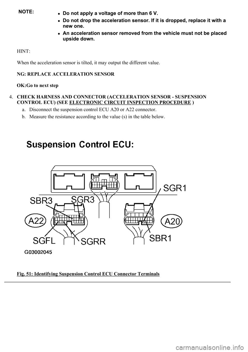 LEXUS LS430 2003  Factory Repair Manual HINT: 
When the acceleration sensor is tilted, it may output the different value. 
NG: REPLACE ACCELERATION SENSOR  
OK:Go to next step  
4.CHECK HARNESS AND CONNECTOR (ACCELERATION SENSOR - SUSPENSIO