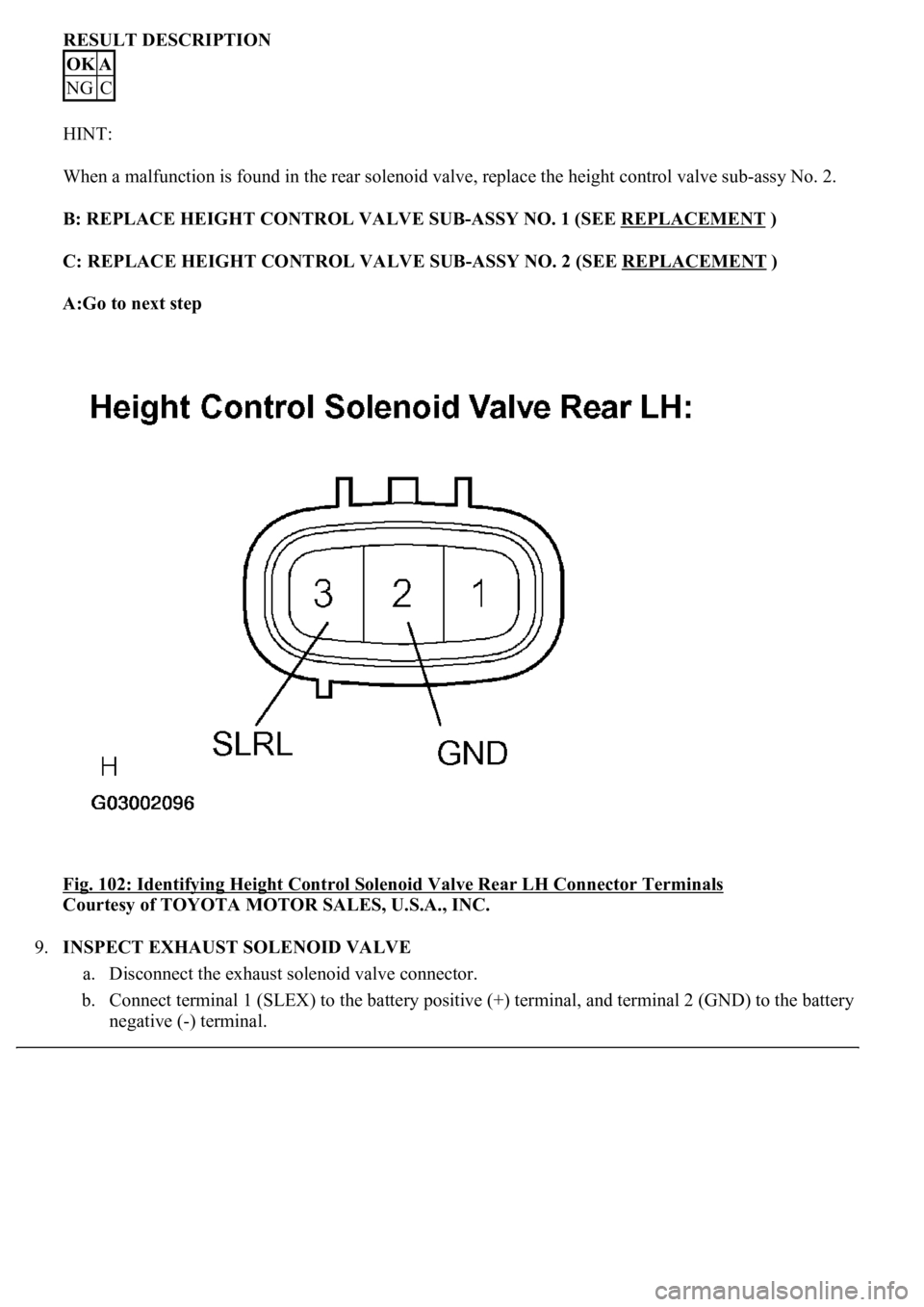 LEXUS LS430 2003  Factory Repair Manual RESULT DESCRIPTION 
HINT: 
When a malfunction is found in the rear solenoid valve, replace the height control valve sub-assy No. 2. 
B: REPLACE HEIGHT CONTROL VALVE SUB-ASSY NO. 1 (SEE REPLACEMENT
 ) 