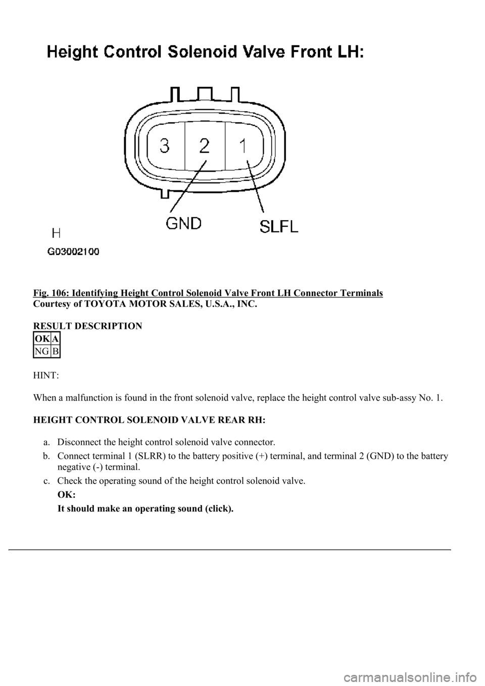 LEXUS LS430 2003  Factory Repair Manual Fig. 106: Identifying Height Control Solenoid Valve Front LH Connector Terminals 
Courtesy of TOYOTA MOTOR SALES, U.S.A., INC. 
RESULT DESCRIPTION 
HINT: 
When a malfunction is found in the front sole