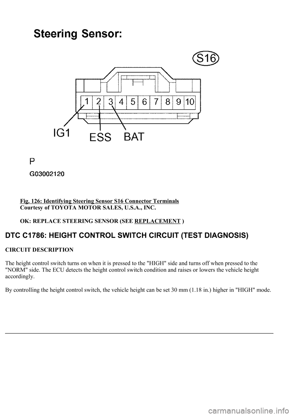 LEXUS LS430 2003 Factory Repair Manual Fig. 126: Identifying Steering Sensor S16 Connector Terminals
Courtesy of TOYOTA MOTOR SALES, U.S.A., INC.
OK: REPLACE STEERING SENSOR (SEE REPLACEMENT
)
CIRCUIT DESCRIPTION
The height control s LEXUS LS430 2003 Factory Repair Manual Fig. 126: Identifying Steering Sensor S16 Connector Terminals
Courtesy of TOYOTA MOTOR SALES, U.S.A., INC.
OK: REPLACE STEERING SENSOR (SEE REPLACEMENT
)
CIRCUIT DESCRIPTION
The height control s