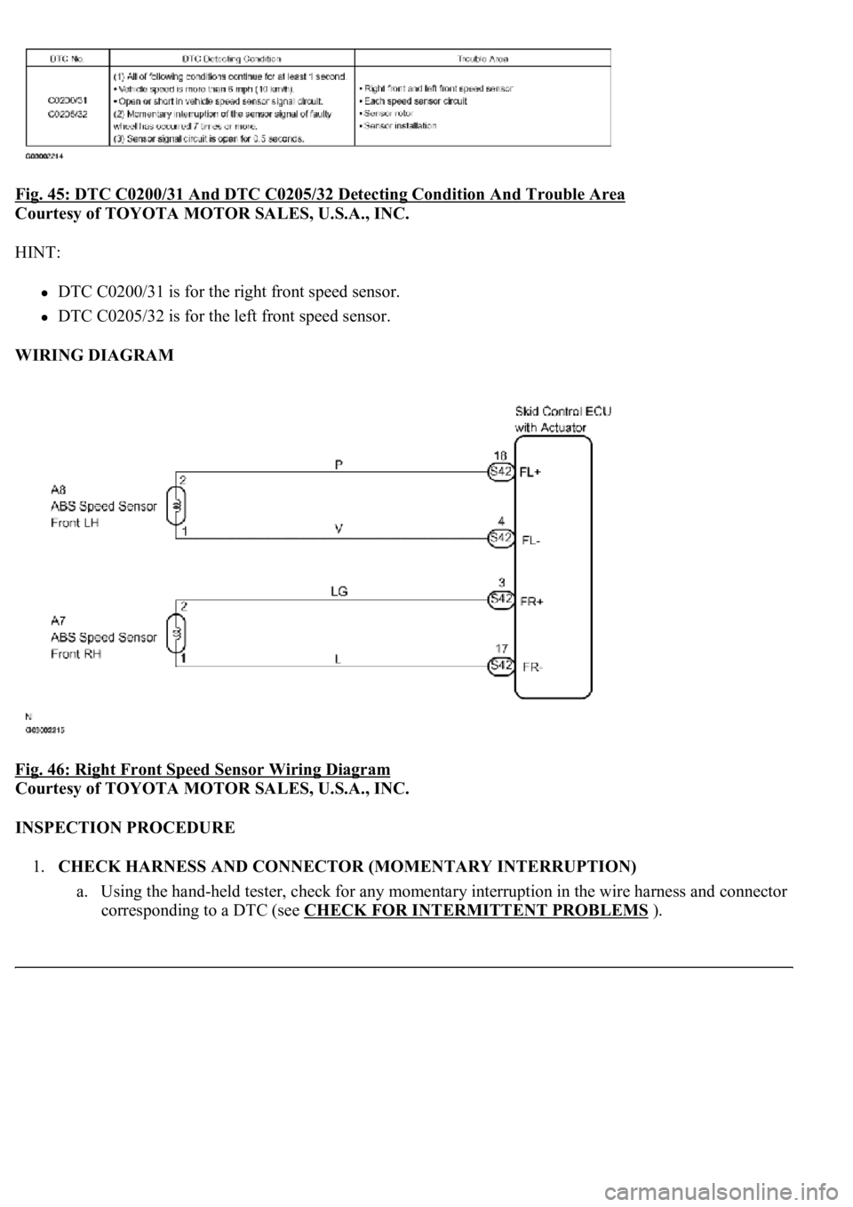 LEXUS LS430 2003 Factory Owners Manual Fig. 45: DTC C0200/31 And DTC C0205/32 Detecting Condition And Trouble Area
Courtesy of TOYOTA MOTOR SALES, U.S.A., INC.
HINT:
DTC C0200/31 is for the right front speed sensor.
DTC C0205/32 is fo LEXUS LS430 2003 Factory Owners Manual Fig. 45: DTC C0200/31 And DTC C0205/32 Detecting Condition And Trouble Area
Courtesy of TOYOTA MOTOR SALES, U.S.A., INC.
HINT:
DTC C0200/31 is for the right front speed sensor.
DTC C0205/32 is fo