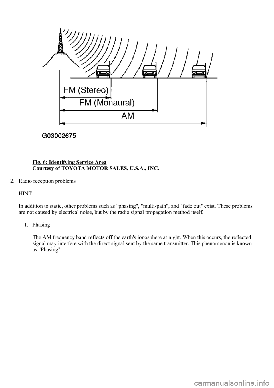 LEXUS LS430 2003  Factory Repair Manual Fig. 6: Identifying Service Area 
Courtesy of TOYOTA MOTOR SALES, U.S.A., INC. 
2. Radio reception problems 
HINT: 
In addition to static, other problems such as "phasing", "multi-path"