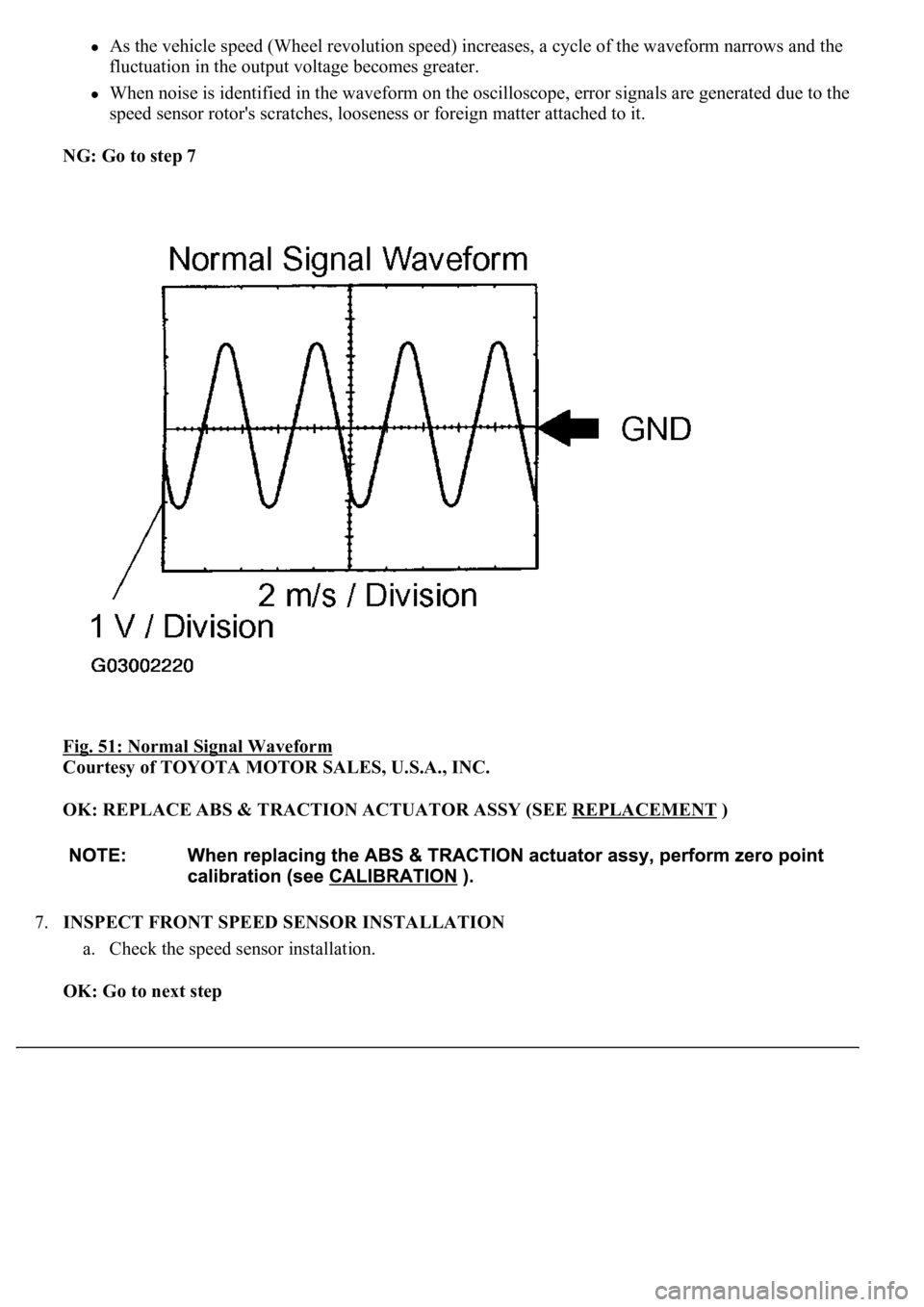 LEXUS LS430 2003 Factory Owners Guide As the vehicle speed (Wheel revolution speed) increases, a cycle of the waveform narrows and the
fluctuation in the output voltage becomes greater.
When noise is identified in the waveform on the o LEXUS LS430 2003 Factory Owners Guide As the vehicle speed (Wheel revolution speed) increases, a cycle of the waveform narrows and the
fluctuation in the output voltage becomes greater.
When noise is identified in the waveform on the o