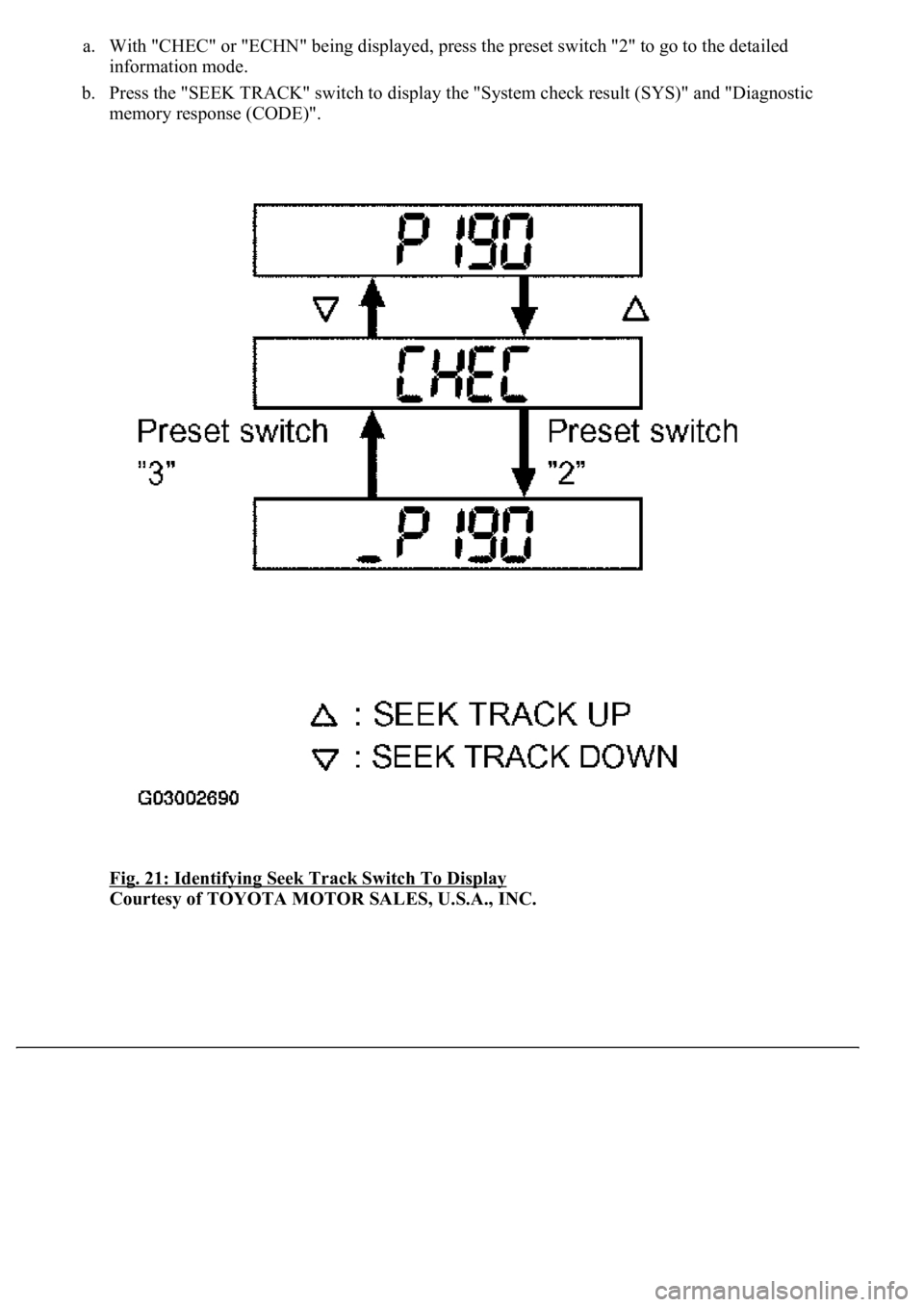 LEXUS LS430 2003  Factory Repair Manual a. With "CHEC" or "ECHN" being displayed, press the preset switch "2" to go to the detailed 
information mode.  
b. Press the "SEEK TRACK" switch to display the "Sy